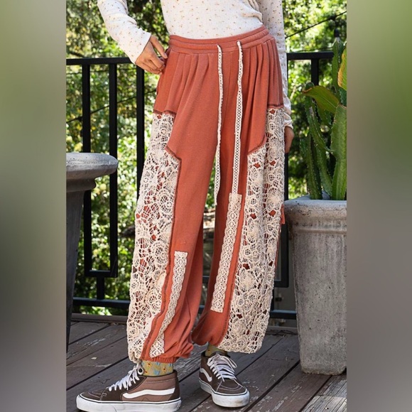 POL Burnt Sienna Crochet Patch Joggers | Relaxed Fit Bohemian Pants - Picture 1 of 9
